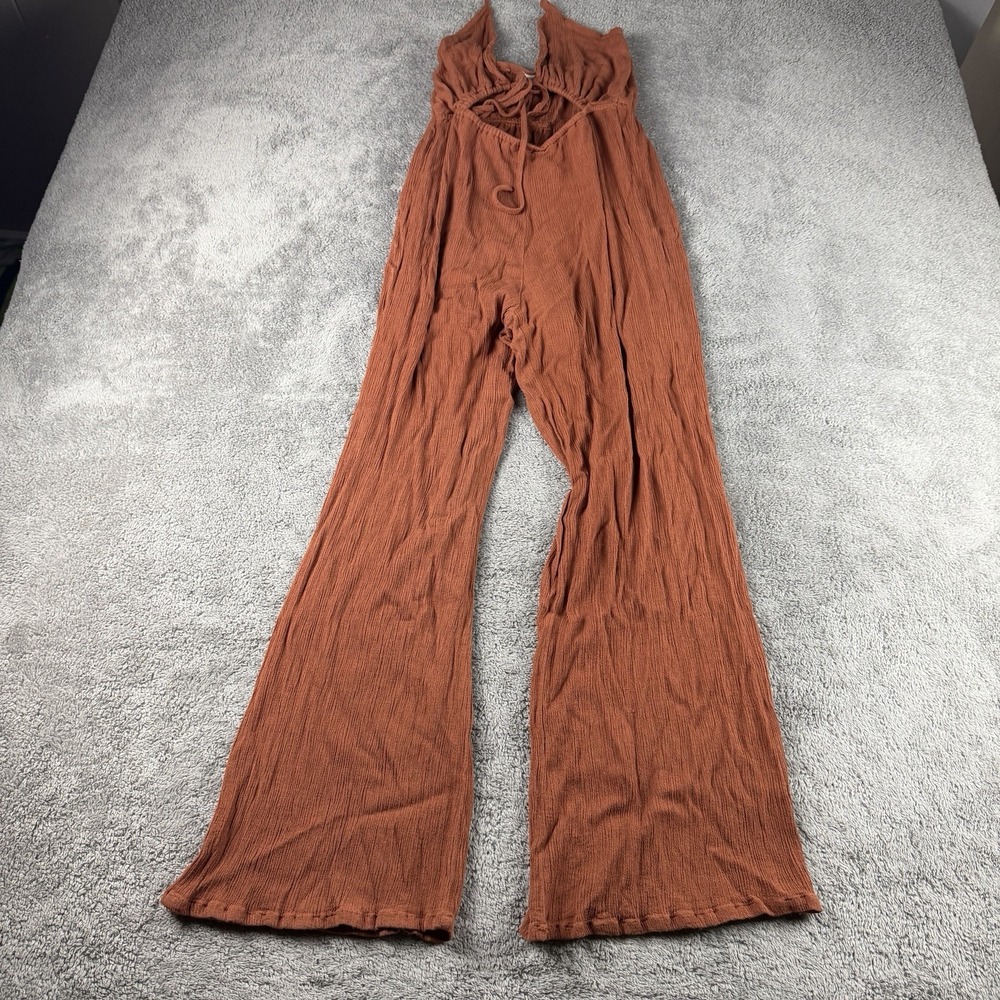 12th Tribe Strapless Wide Leg Tie Front Jumpsuit Womens Medium Rust Orange